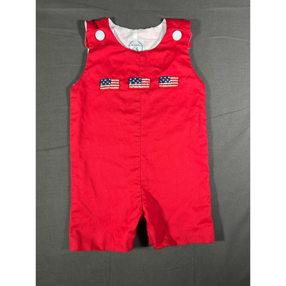 The Bella Bean 18M Red Corduroy Jon Jon Romper American Flag Smocked Patriotic